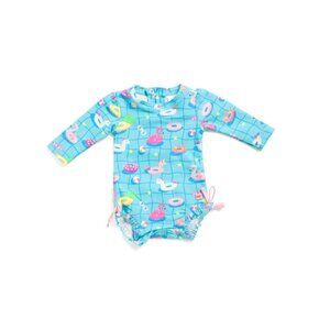 RUFFLEBUTTS Aqua Infant Girls Neon Pool Party Rash Guard One-piece Swimsuit